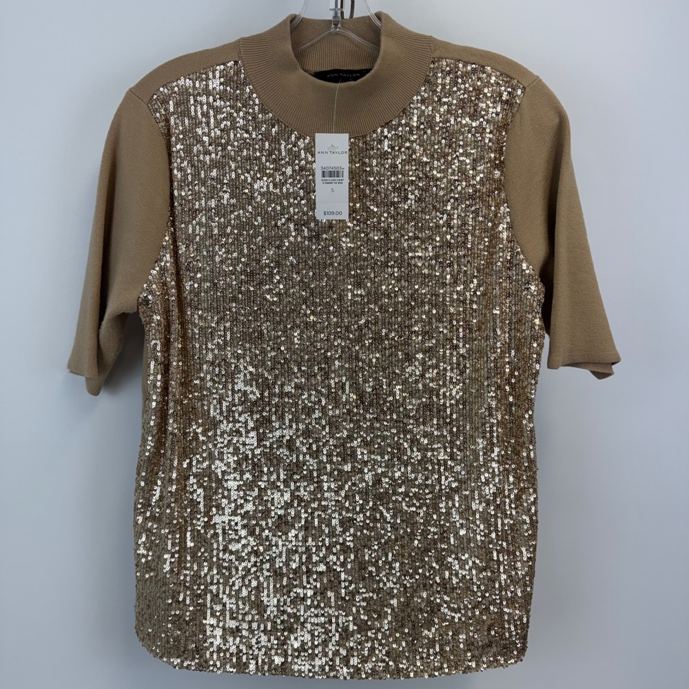 Ann Taylor Gold Sequin‎ Front Knit Top Short Sleeve Mock Neck Size S NWT